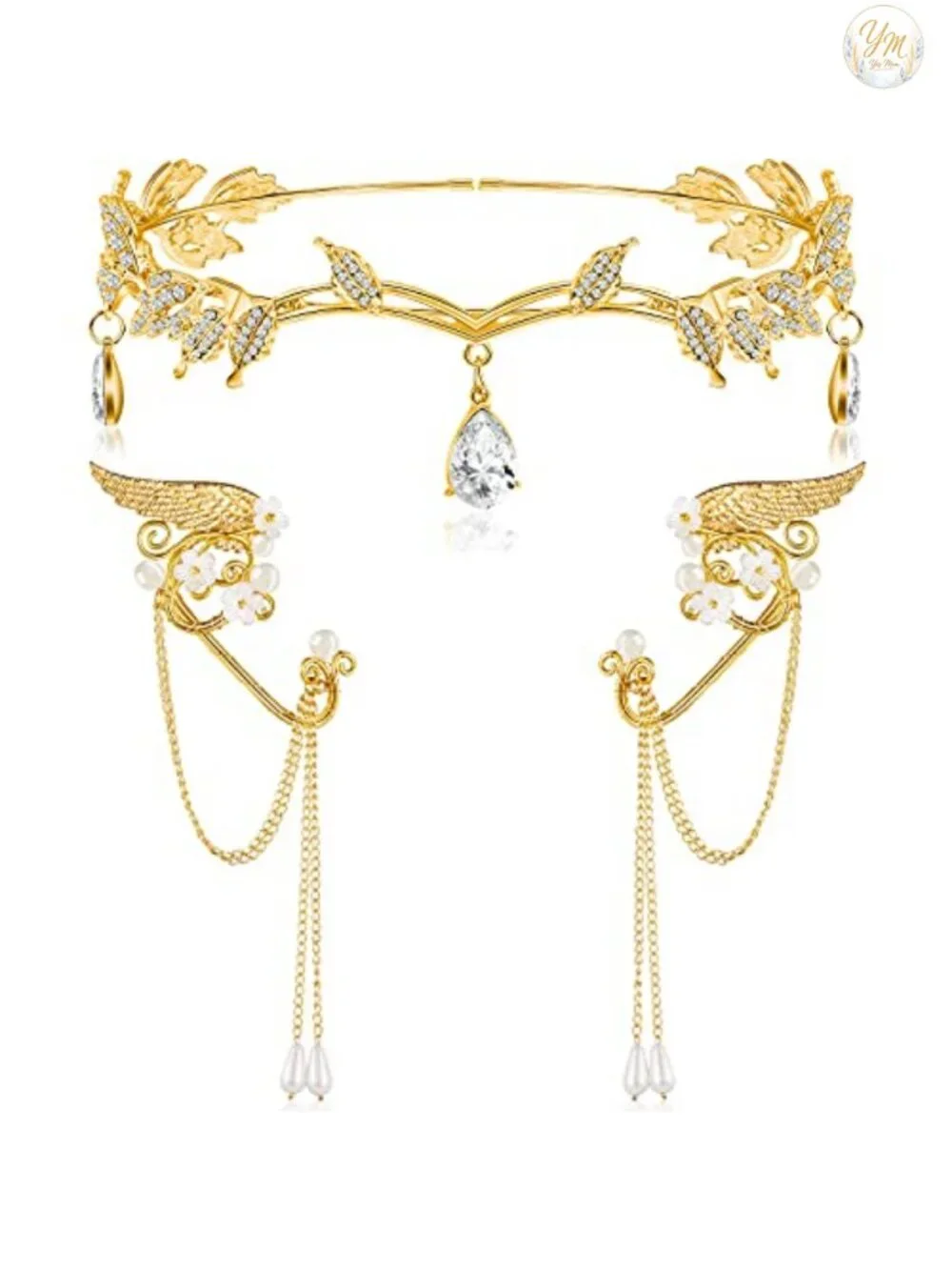 3 Pc Rhinestone Leaf Headband Elf Ear Fairy Costume Crown Cosplay Women